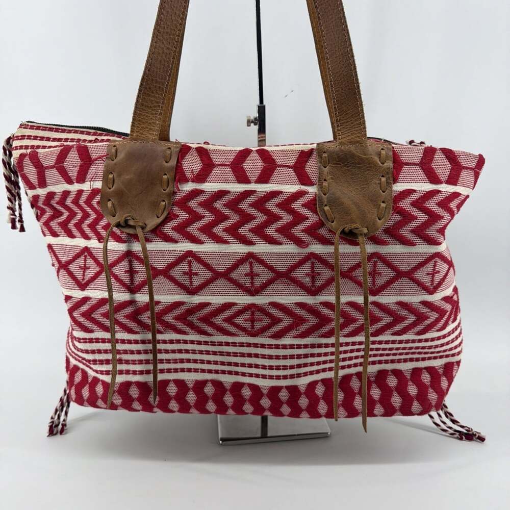 Noonday Collection Santa Lucia Embroiderd Cotton Leather Red Tote Bag Beach